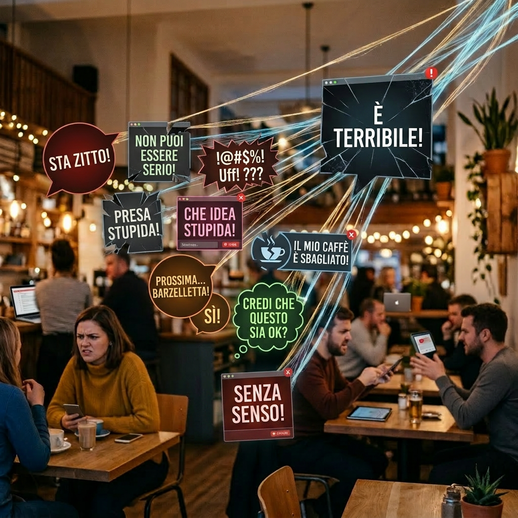 Coffee shop scene with people talking and colorful speech bubbles showing expressions like 'HELLO!', 'Wait!', 'IDEA!', and 'OH WOW!'